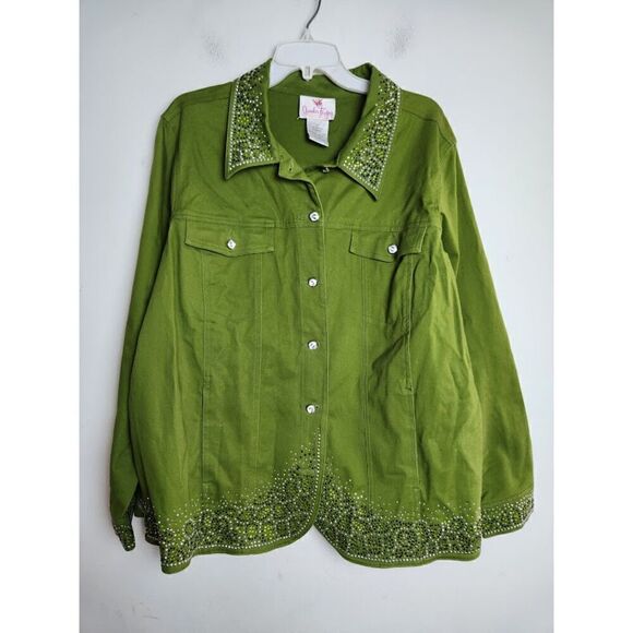 Quacker Factory Green w/Studded Detail Cotton Button Up Jacket size 1X - Picture 1 of 9
